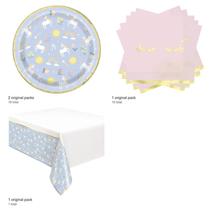 Dainty Unicorn Plates, Napkins and Tablecloth Set for 16 Guests - included packs and quantities
