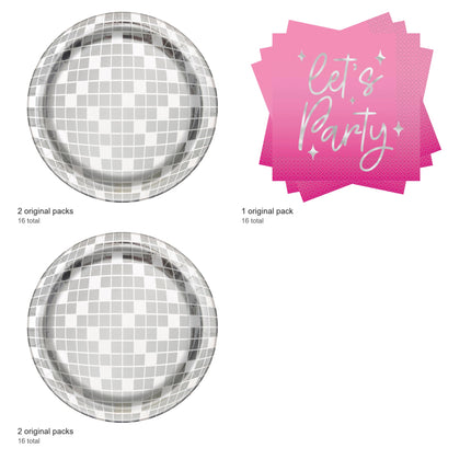 Dance Party Disco Ball Coordinated Party Supplies Set for 16 Guests - included packs and quantities