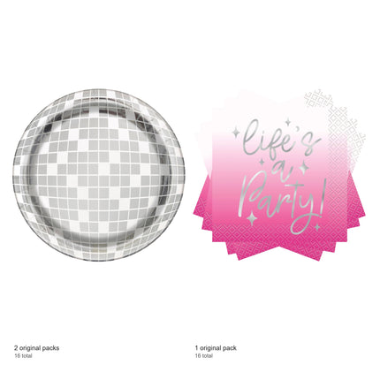 Dance Party Disco Ball Dessert Plates and Napkins Set for 16 Guests - included packs and quantities