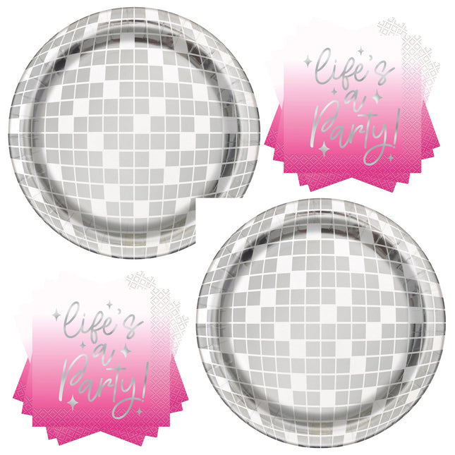 Dance Party Disco Ball Dessert Plates and Napkins Set for 16 Guests - set overview