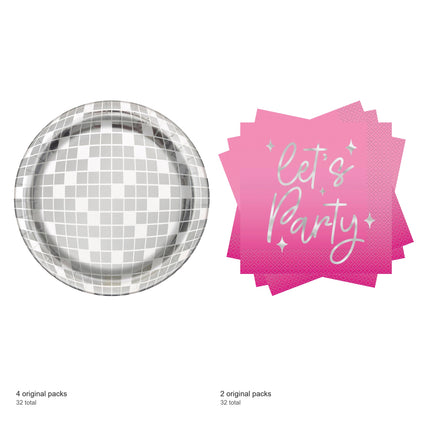 Dance Party Disco Ball Dinner Plates and Napkins Set for 32 Guests - included packs and quantities