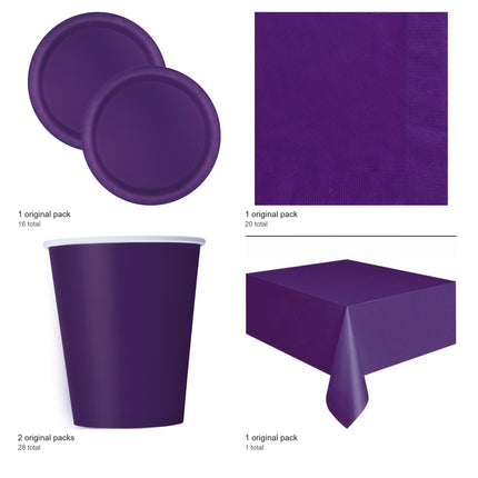 Deep Purple Solid Coordinated Party Supplies Set for 16 Guests - included packs and quantities