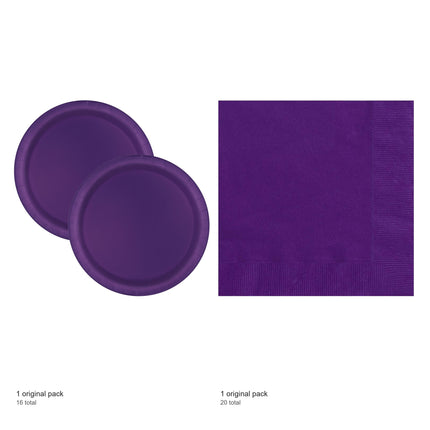 Deep Purple Solid Dinner Plates and Napkins Set for 16 Guests - included packs and quantities