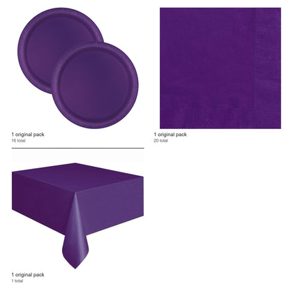 Deep Purple Solid Plates, Napkins and Tablecloth Set for 16 Guests - included packs and quantities