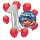 Disney Cars 1st birthday set main: number 1 foil, themed foil and 8 matching latex balloons