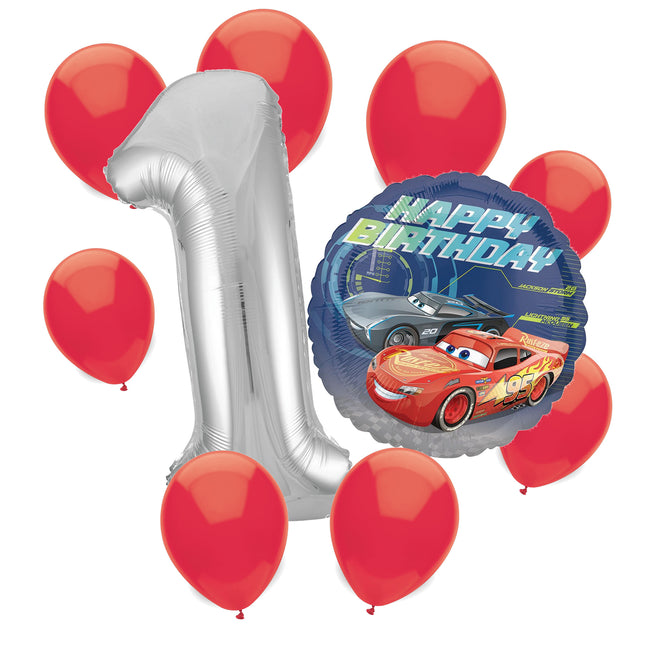Disney Cars 1st birthday set main: number 1 foil, themed foil and 8 matching latex balloons