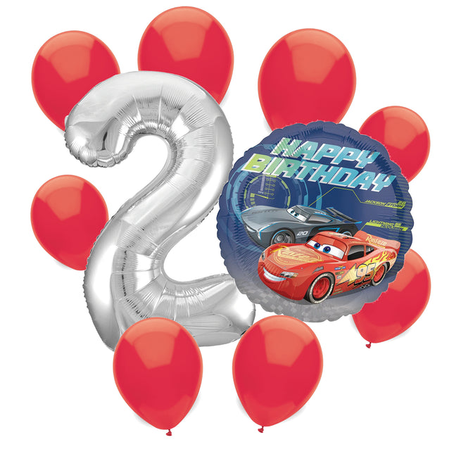 Disney Cars 2nd birthday set main: number 2 foil, themed foil and 8 matching latex balloons