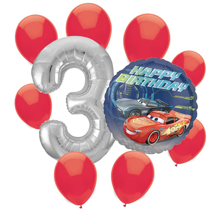 Disney Cars 3rd birthday set main: number 3 foil, themed foil and 8 matching latex balloons