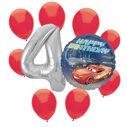 Disney Cars 4th birthday set main: number 4 foil, themed foil and 8 matching latex balloons