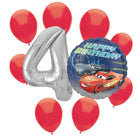 Disney Cars 4th birthday set main: number 4 foil, themed foil and 8 matching latex balloons