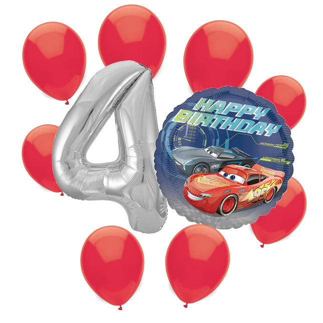 Disney Cars 4th birthday set main: number 4 foil, themed foil and 8 matching latex balloons