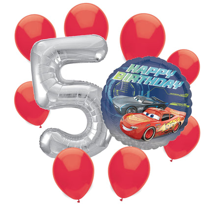Disney Cars 5th birthday set main: number 5 foil, themed foil and 8 matching latex balloons