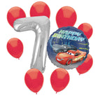 Disney Cars 7th birthday set main: number 7 foil, themed foil and 8 matching latex balloons