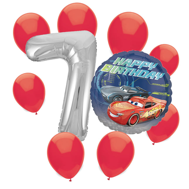 Disney Cars 7th birthday set main: number 7 foil, themed foil and 8 matching latex balloons