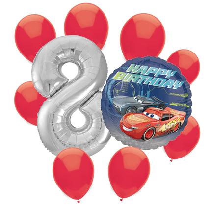 Disney Cars 8th birthday set main: number 8 foil, themed foil and 8 matching latex balloons