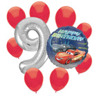 Disney Cars 9th birthday set main: number 9 foil, themed foil and 8 matching latex balloons