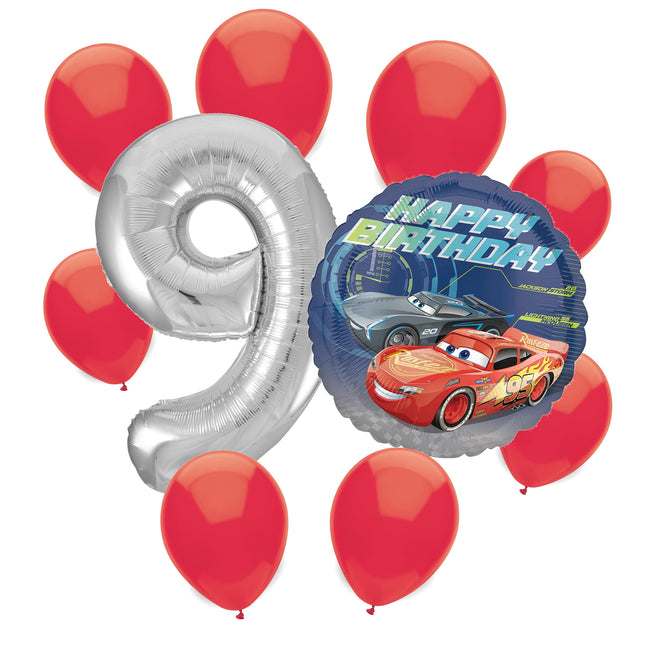 Disney Cars 9th birthday set main: number 9 foil, themed foil and 8 matching latex balloons