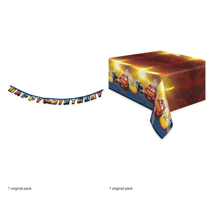 Disney Cars Birthday Banner and Tablecloth Set - original package contents