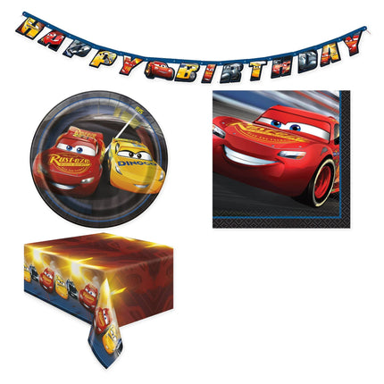 Disney Cars Dessert Tableware, Banner and Tablecloth Set for 16 Guests - coordinated party set