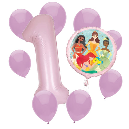 Disney Princess 1st birthday set main: number 1 foil, themed foil and 8 matching latex balloons