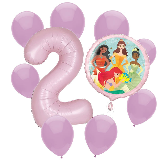 Disney Princess 2nd birthday set main: number 2 foil, themed foil and 8 matching latex balloons
