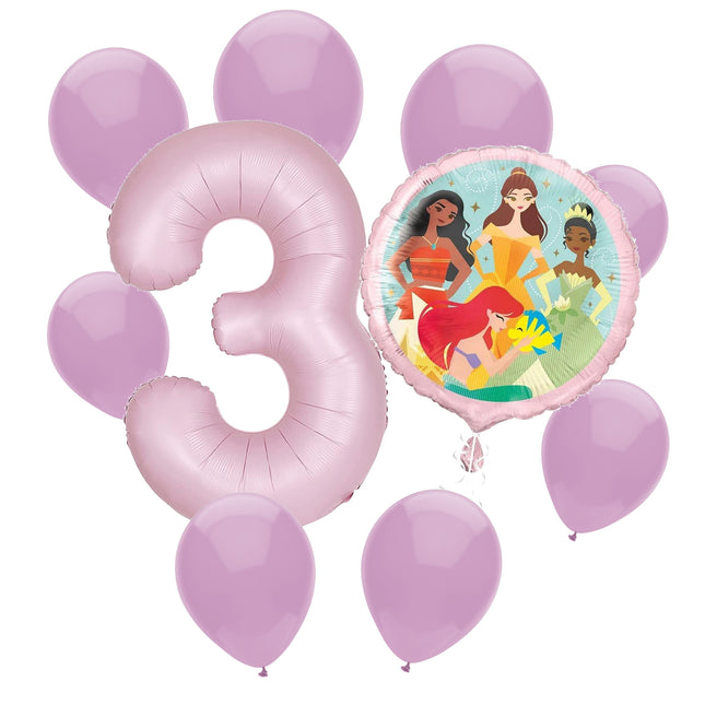 Disney Princess 3rd birthday set main: number 3 foil, themed foil and 8 matching latex balloons