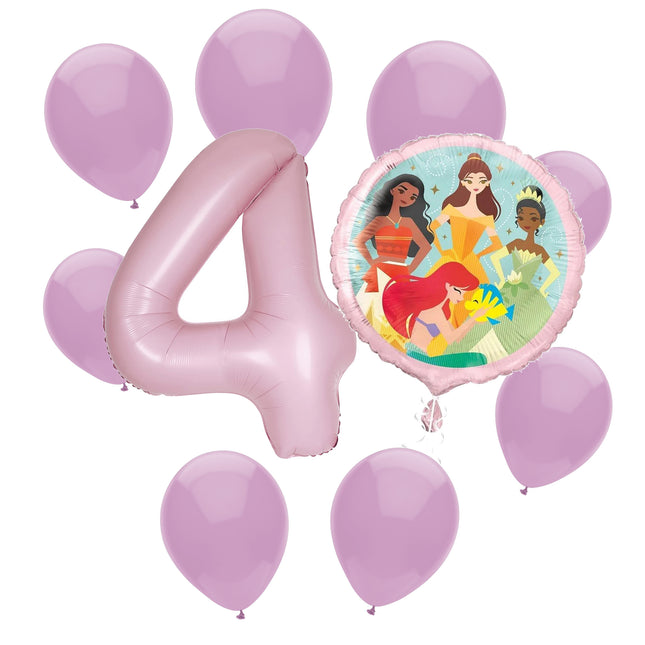 Disney Princess 4th birthday set main: number 4 foil, themed foil and 8 matching latex balloons