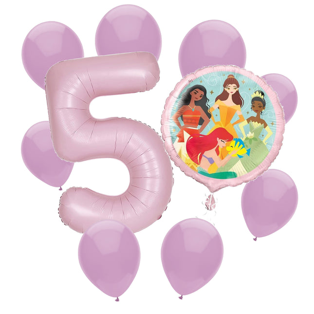 Disney Princess 5th birthday set main: number 5 foil, themed foil and 8 matching latex balloons