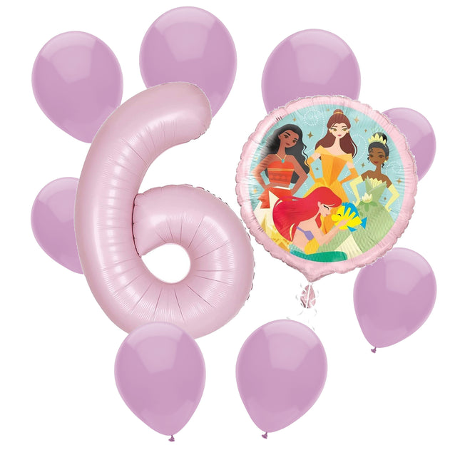 Disney Princess 6th birthday set main: number 6 foil, themed foil and 8 matching latex balloons