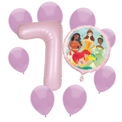 Disney Princess 7th birthday set main: number 7 foil, themed foil and 8 matching latex balloons