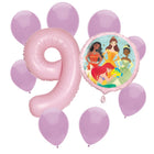 Disney Princess 9th birthday set main: number 9 foil, themed foil and 8 matching latex balloons