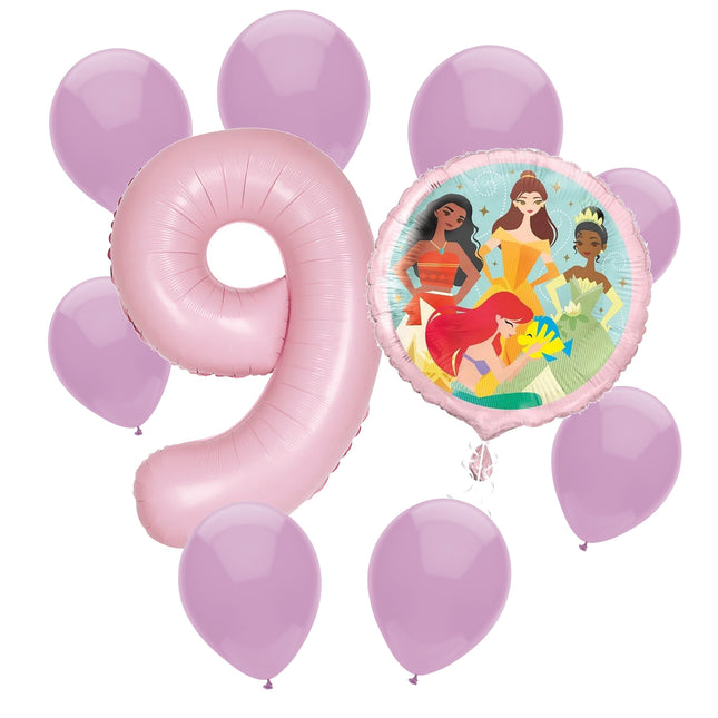 Disney Princess 9th birthday set main: number 9 foil, themed foil and 8 matching latex balloons