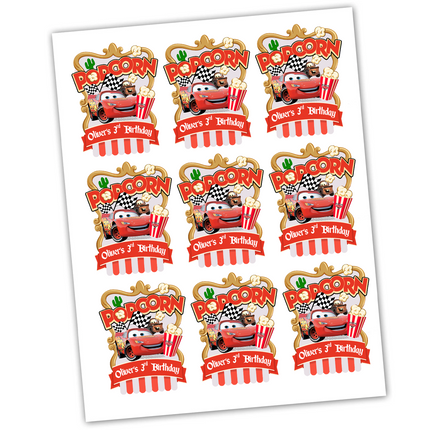 Cars Lightning McQueen Popcorn Labels 2.75", 9 ct– Race Car Birthday Party Stickers