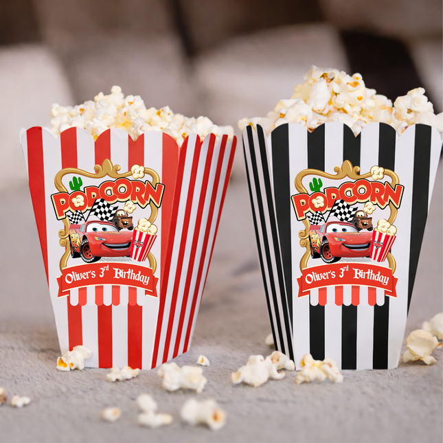 Cars Lightning McQueen Popcorn Labels 2.75", 9 ct– Race Car Birthday Party Stickers