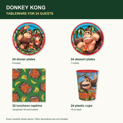 Donkey Kong Birthday Tableware Set with Cups for 24 Guests - contents