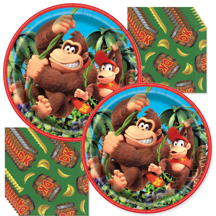 Donkey Kong Dinner Plates and Napkins Set for 8 Guests - plates and matching napkins