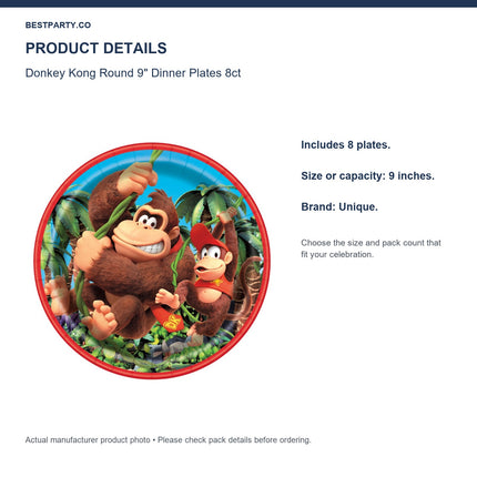 Donkey Kong Round 9" Dinner Plates 8ct — size and pack information
