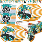 How to Train Your Dragon party supplies for 16 guests with plates, napkins, birthday banner and tablecover
