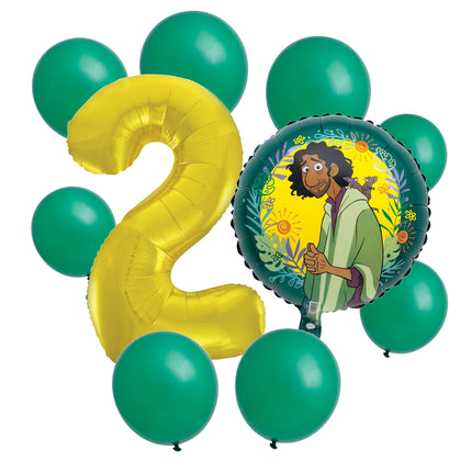 Encanto Bruno 2nd birthday set main: number 2 foil, themed foil and 8 matching latex balloons