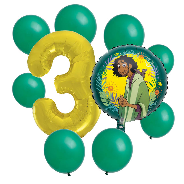 Encanto Bruno 3rd birthday set main: number 3 foil, themed foil and 8 matching latex balloons