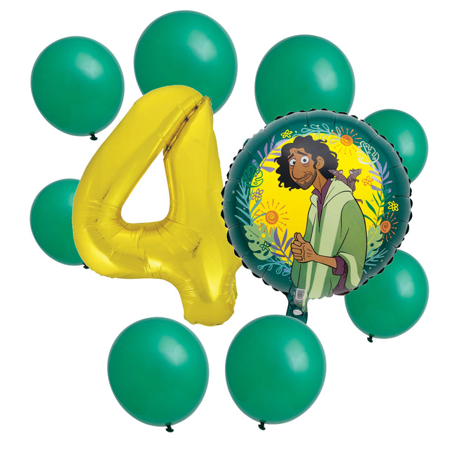 Encanto Bruno 4th birthday set main: number 4 foil, themed foil and 8 matching latex balloons