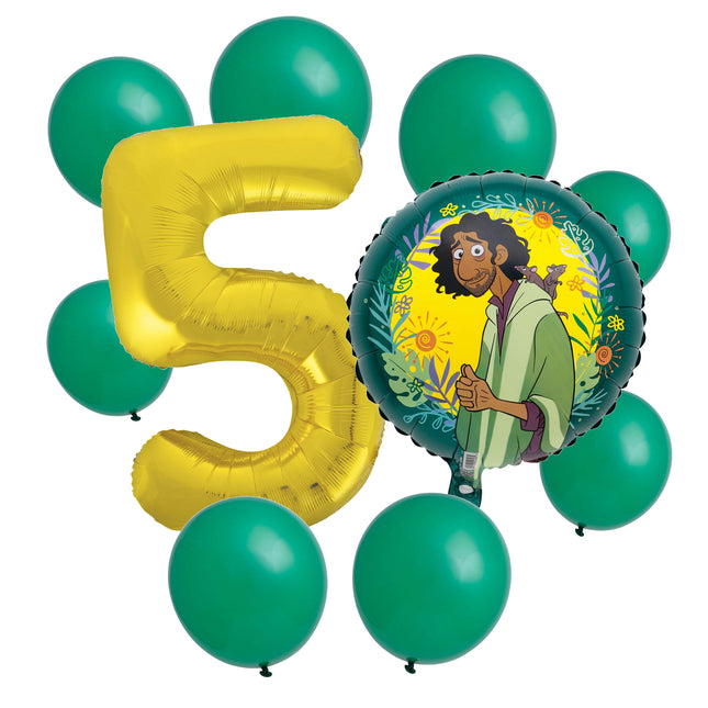 Encanto Bruno 5th birthday set main: number 5 foil, themed foil and 8 matching latex balloons