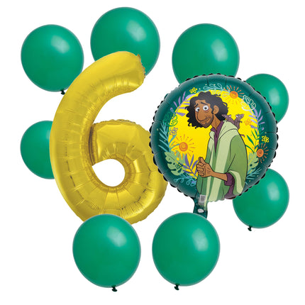Encanto Bruno 6th birthday set main: number 6 foil, themed foil and 8 matching latex balloons