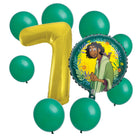 Encanto Bruno 7th birthday set main: number 7 foil, themed foil and 8 matching latex balloons
