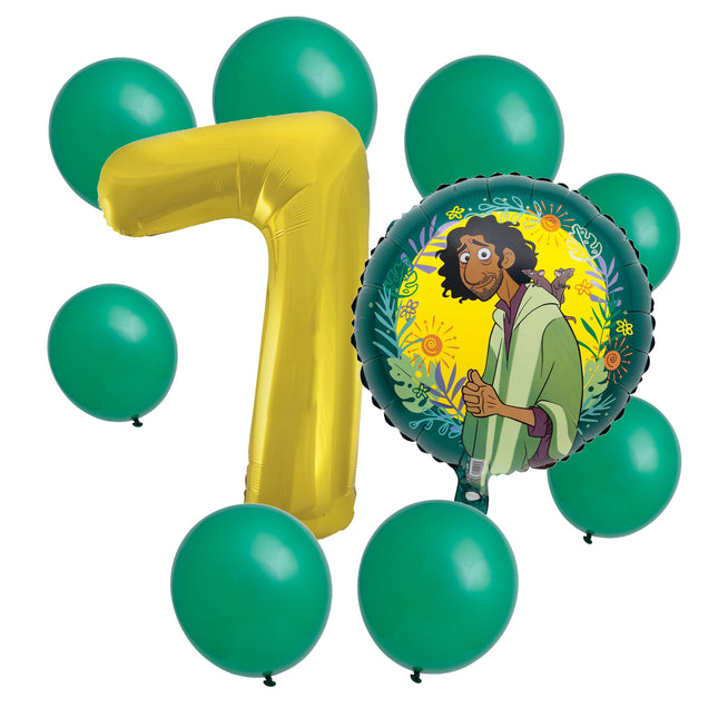 Encanto Bruno 7th birthday set main: number 7 foil, themed foil and 8 matching latex balloons