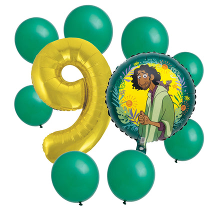 Encanto Bruno 9th birthday set main: number 9 foil, themed foil and 8 matching latex balloons