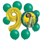 Encanto Bruno 9th birthday set main: number 9 foil, themed foil and 8 matching latex balloons