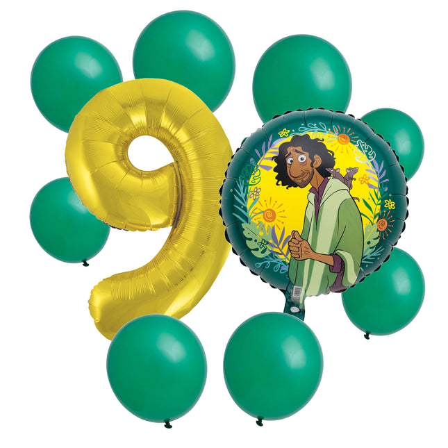 Encanto Bruno 9th birthday set main: number 9 foil, themed foil and 8 matching latex balloons