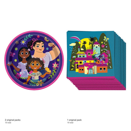 Encanto Dinner Plates and Napkins Set for 16 Guests - included packs and quantities