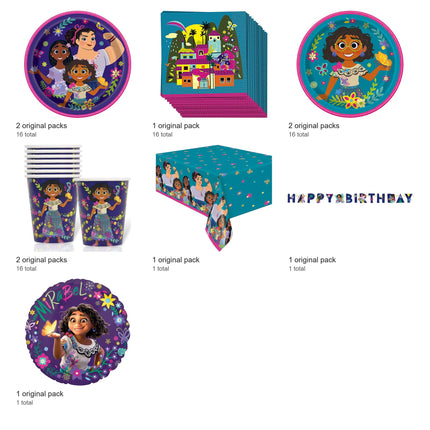 Encanto Party Supplies and Foil Balloon Set for 16 Guests - included packs and quantities